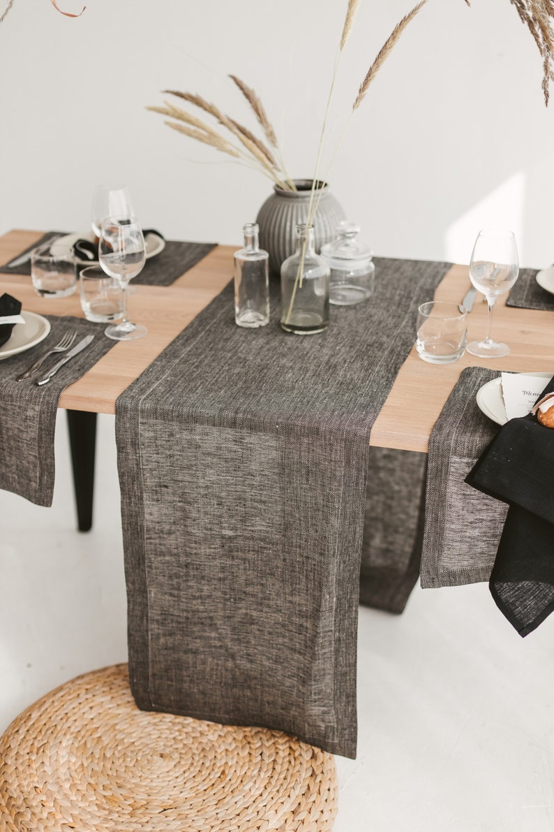 Modern black table runner for Christmas, Thanksgiving day. Natural linen long table runner for rustic or fall holiday, wedding, farmhouse image 8