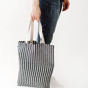 Large striped linen market tote bag for grocery, shopping. Reusable natural tote bag for beach, travel. Canvas bag for women, men pocket image 3