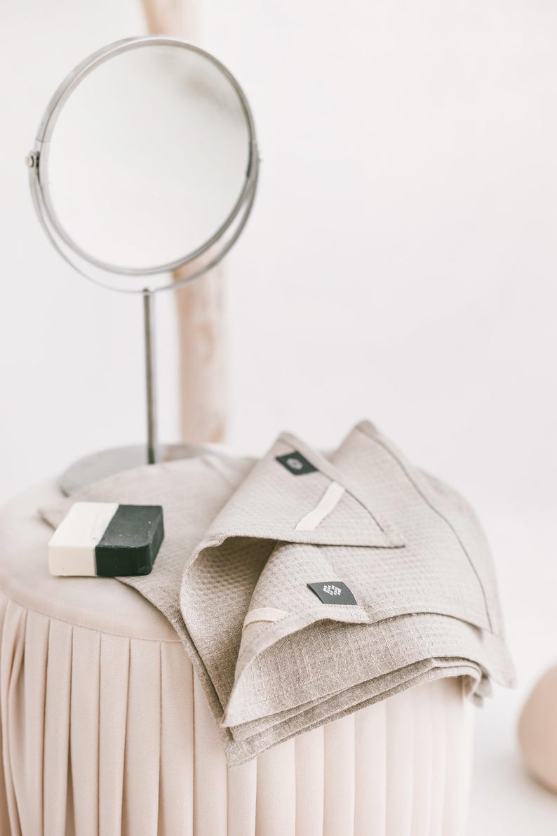 Waffle linen reusable face towel set. Open weave eco friendly, organic makeup remover cloths. Natural washcloth, quick absorbent, dry image 6