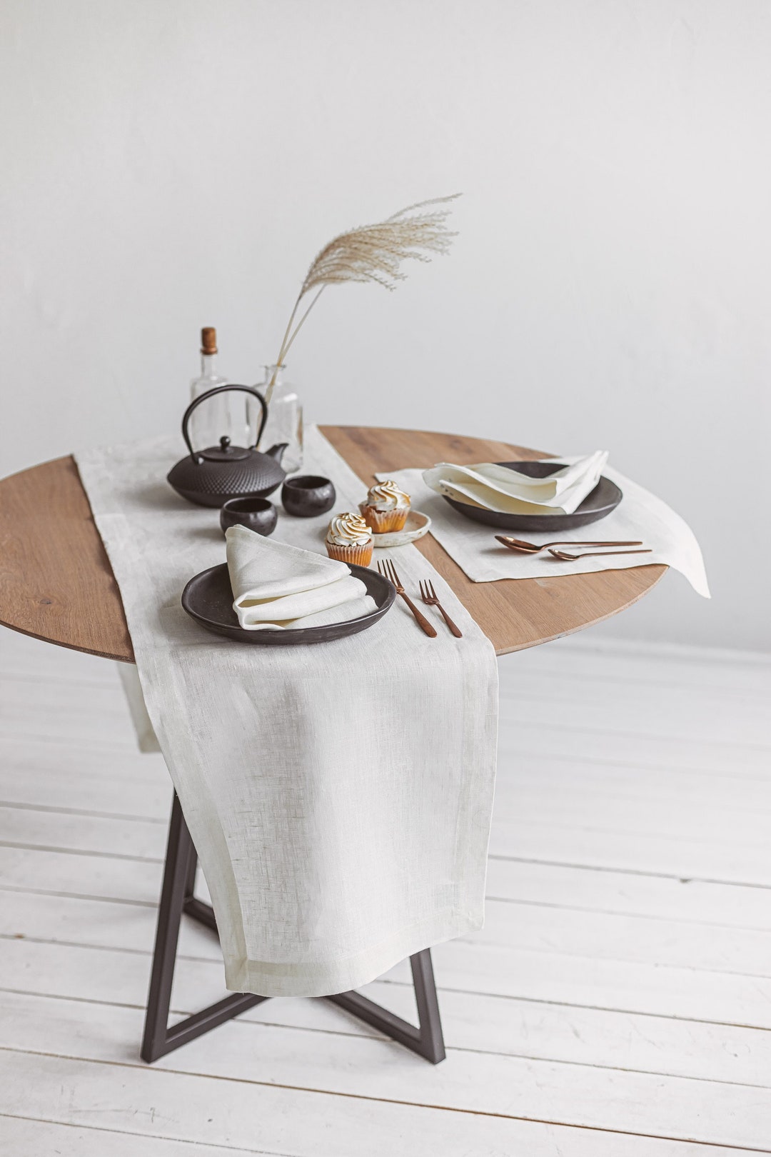 White Linen Table Runner for Christmas, Thanksgiving Day. Table Runner