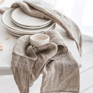 Set of natural linen waffle tea towels for kitchen. Organic open weave linen dish cloths for farmhouse. Soft hand towels as new home gift image 3
