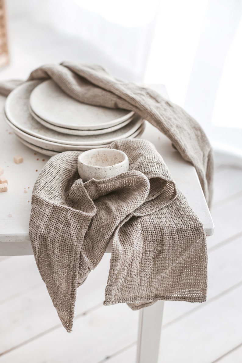 Set of natural linen waffle tea towels for kitchen. Organic open weave linen dish cloths for farmhouse. Soft hand towels as new home gift image 3