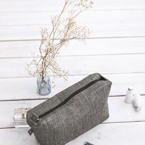 Black large travel makeup bag. Canvas cosmetic bag with zipper for men, women. Natural linen eco friendly zipper pouch. 3 sizes image 2