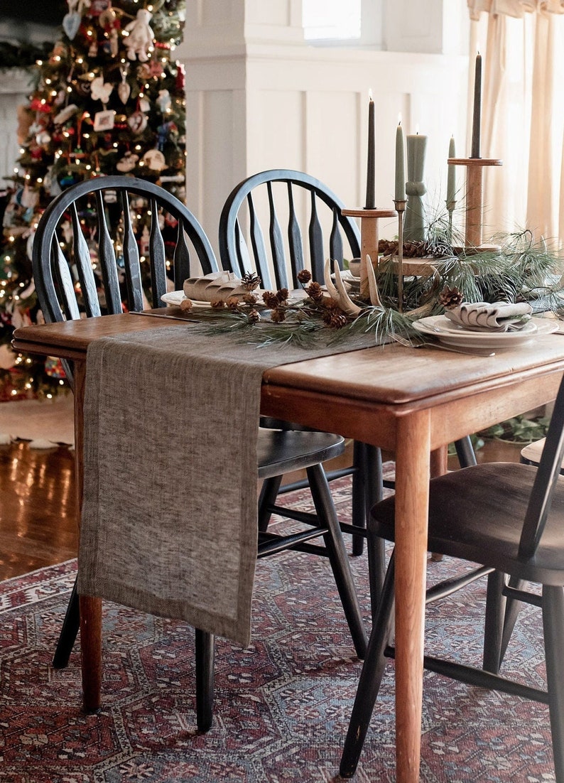 Modern black table runner for Christmas, Thanksgiving day. Natural linen long table runner for rustic or fall holiday, wedding, farmhouse image 3