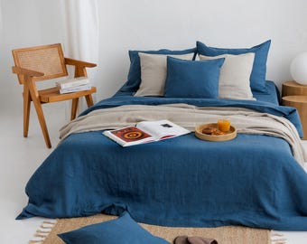 Teal blue linen sheet set 4P (fitted, flat, 2 pillowcases), 3P (fitted, 2 pillowcase), 3P duvet cover bedding. Natural, spring, hosting gift