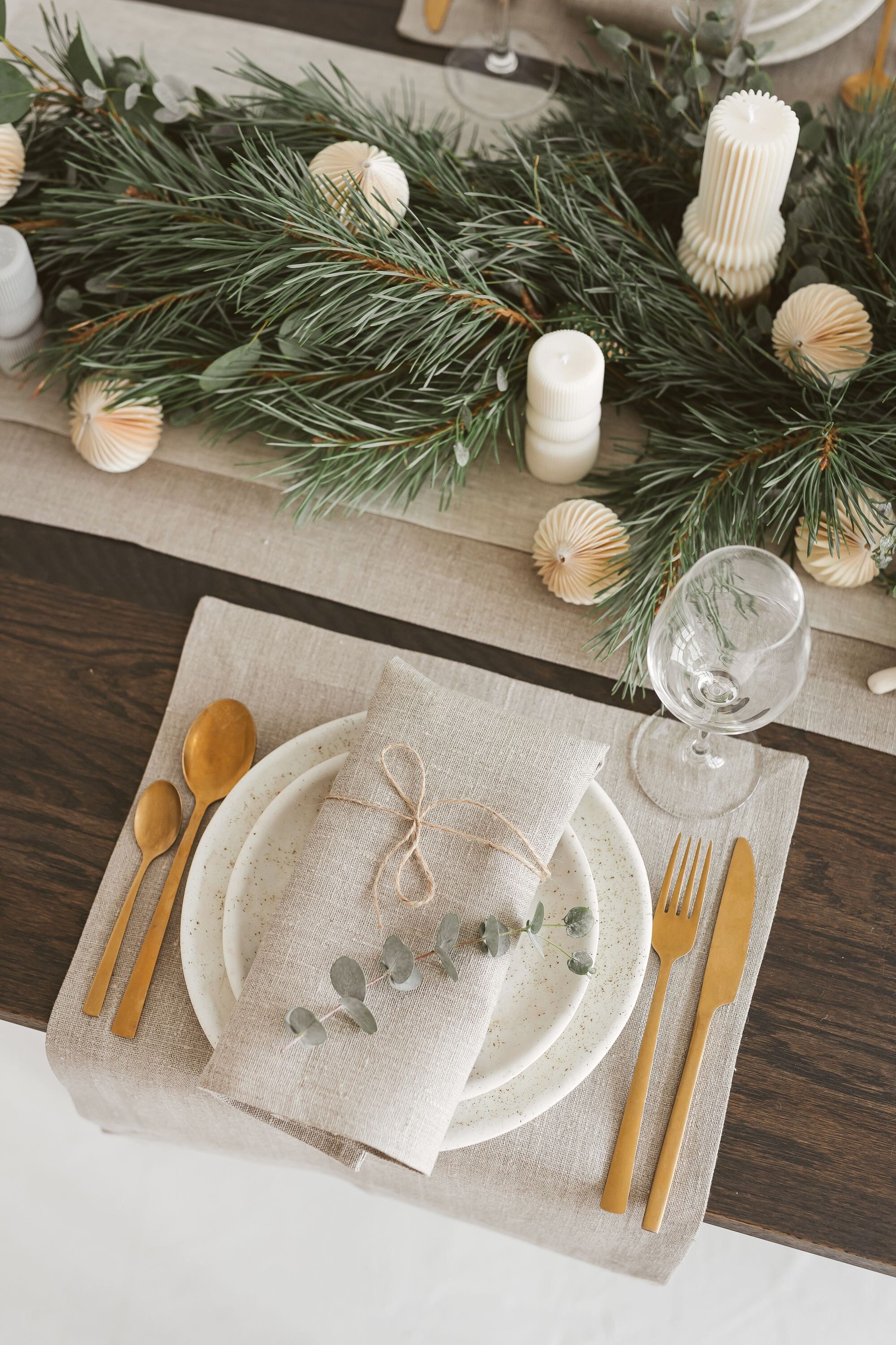 Dark Brown Linen Napkins for Christmas Dinner Table. Farmhouse