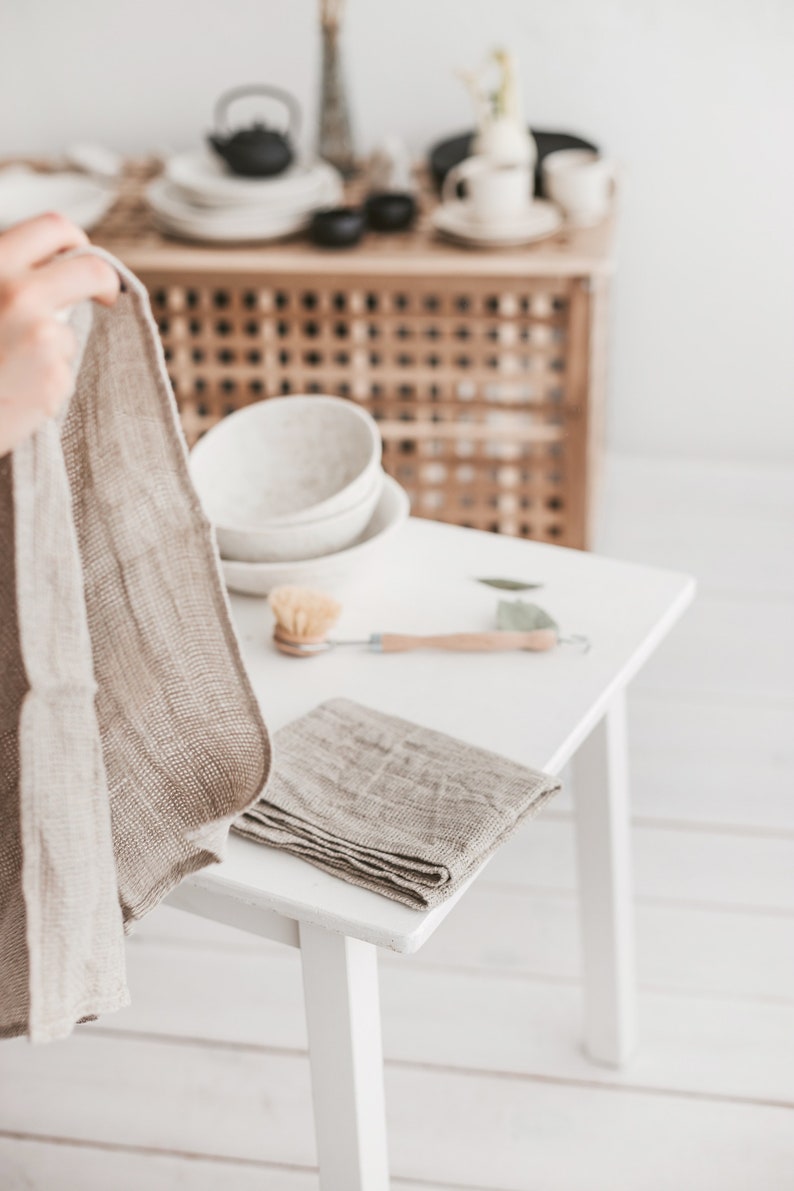 Set of natural linen waffle tea towels for kitchen. Organic open weave linen dish cloths for farmhouse. Soft hand towels as new home gift image 5