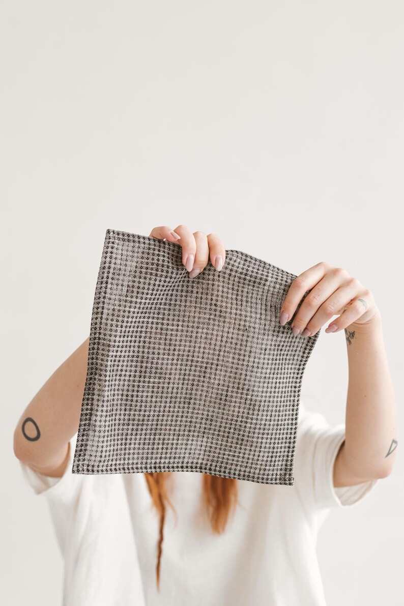 Waffle linen reusable face towel set. Open weave eco friendly, organic makeup remover cloths. Natural washcloth, quick absorbent, dry Black Waffle