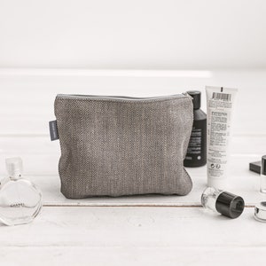 Bolsa de zíper de linho cinza médio para viagens ecológicas. Bolsa de maquiagem orgânica para mulheres, homens. Presente perfeito para aniversário, Natal. 3 cores