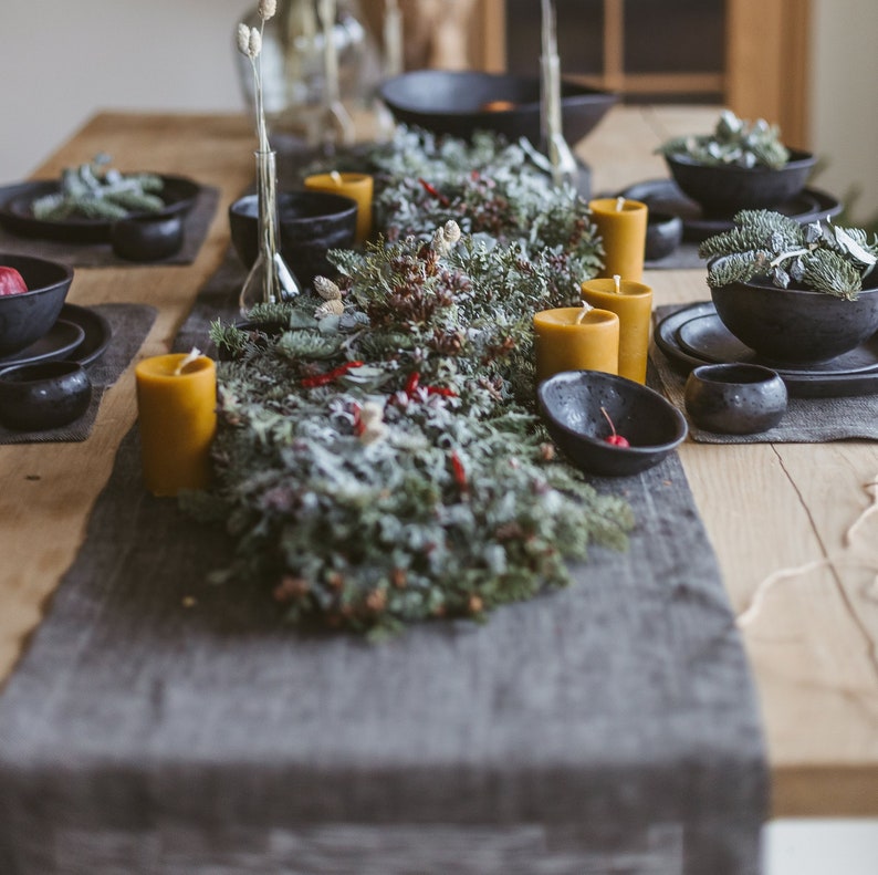 Grey linen Christmas table runner for rustic holiday. Natural linen table runner for farmhouse, wedding, new home gift. Various colors, size image 2