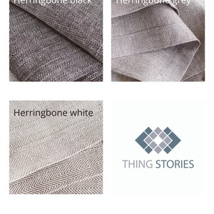 Explore Thing Stories' linen color selection: herringbone textures in white, grey, and black, along with plain white, soft light grey, warm natural linen, and deep black. Ideal for elegant table settings, sustainable home decor, and holiday accents. Timeless, modern, and beautifully crafted.