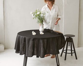 Black linen tablecloth for modern wedding. Round, oval holiday, Christmas, Thanksgiving table cloth. New home gift. Various color, size