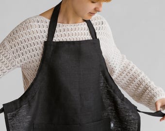 Black adjustable full apron. Chef daily kitchen, cooking, garden apron for men, women, unisex. Plus size BBQ waist apron