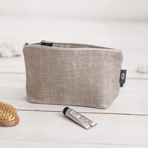 Black makeup bag for travel cosmetic. Toiletry bag for gym men, women. Eco friendly natural linen toiletry bag for wedding, groom. 3 colors White