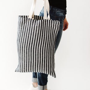 Large striped linen market tote bag for grocery, shopping. Reusable natural tote bag for beach, travel. Canvas bag for women, men pocket image 4