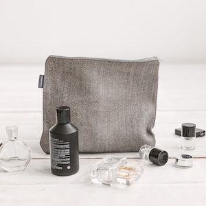 Grey large linen zipper pouch for makeup, travel. Eco friendly beige toiletry bag. Canvas cosmetic bag for men, women. Gift wrap available
