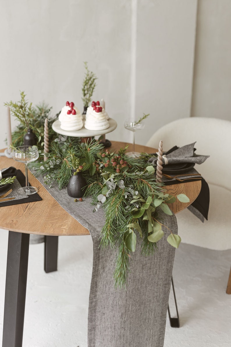 Modern black linen table runner for Christmas, holiday, farmhouse. Long table runner for rustic wedding, new home gift. Various color, size image 1