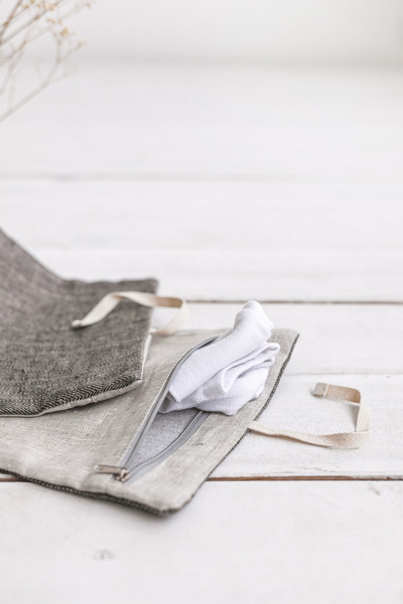 Schwarze Reisetasche für Wäsche, Dessous mit Reißverschluss. Urlaubstasche mit 2 Taschen für Männer, Frauen. Leinen Aufbewahrungssack für saubere, schmutzige Wäsche Bild 2