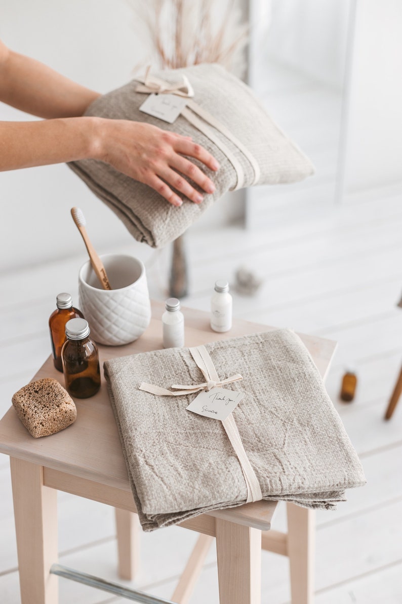 Ensemble de serviettes de bain gaufrées en lin naturel pour les mains, le visage, la plage et les voyages. Serviette pour cadeau de nouvelle maison. Léger, absorbant rapidement, sèche. Différentes tailles 1 Bath Sheet