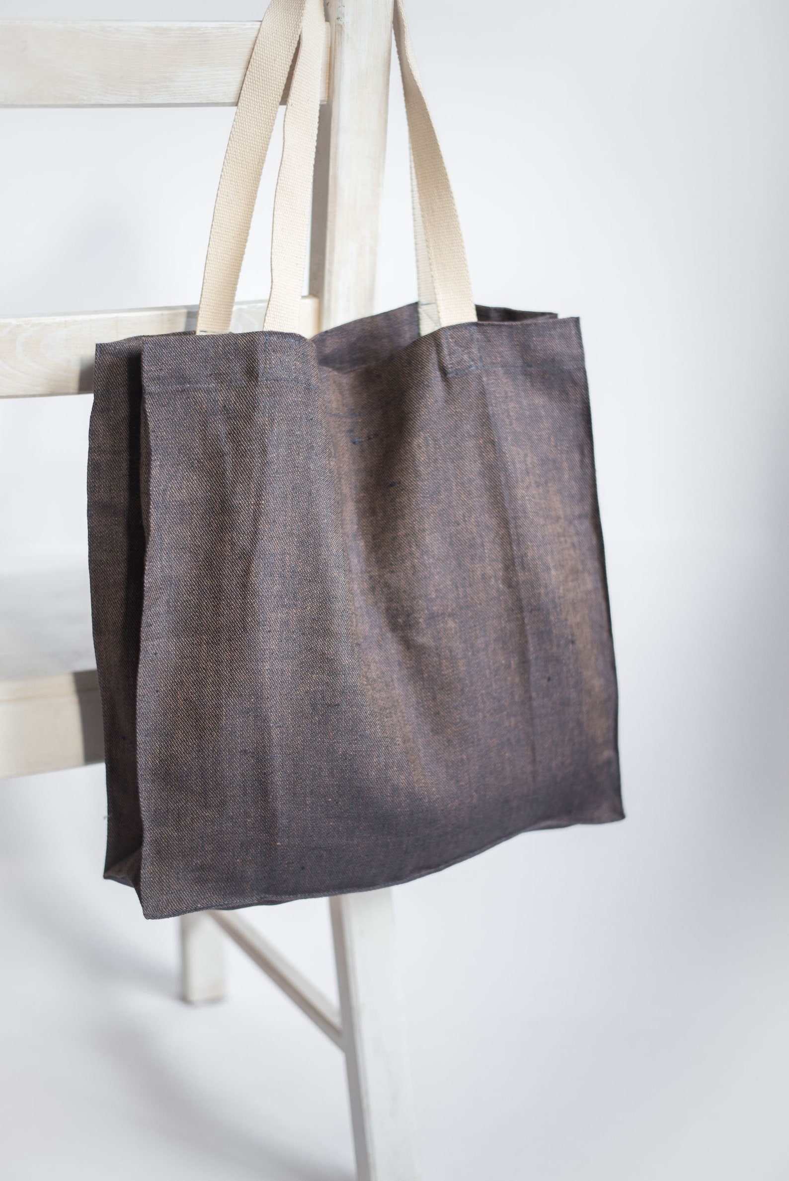 Large Linen Tote Bag With Zipper. Denim Brown Reusable Market Etsy
