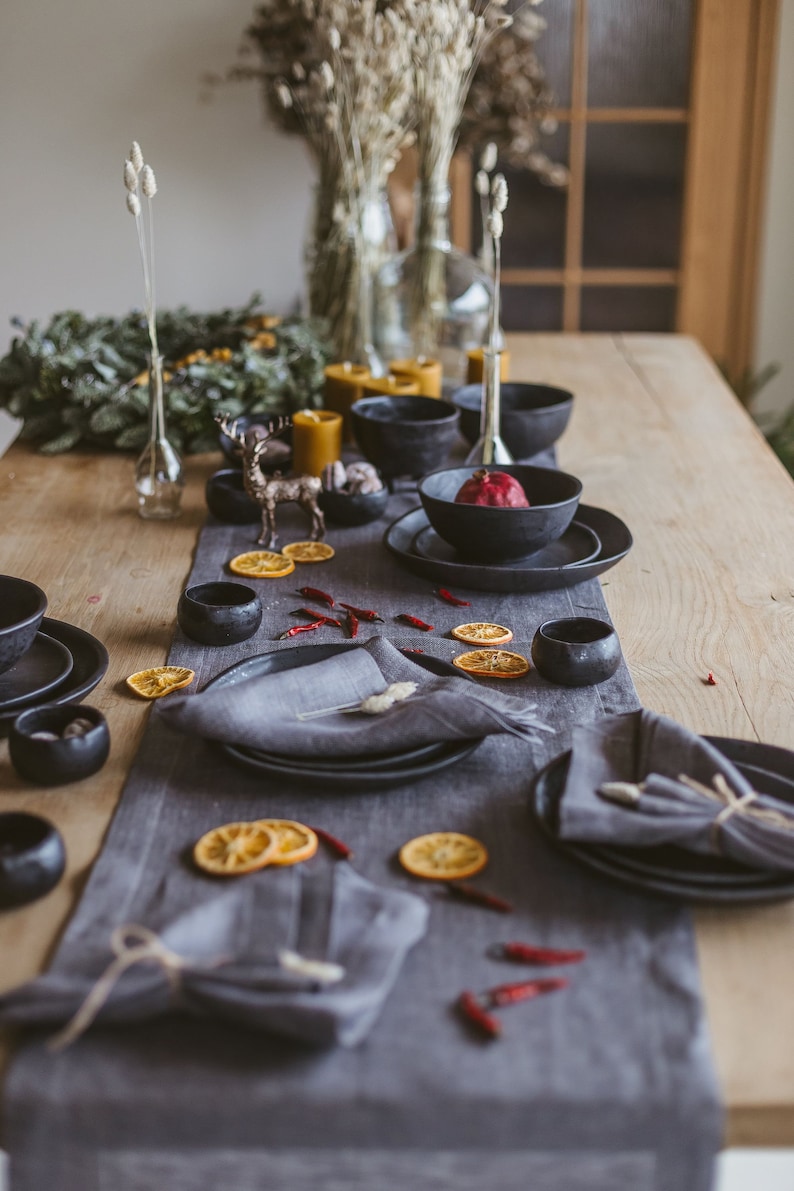 Grey linen Christmas table runner for rustic holiday. Natural linen table runner for farmhouse, wedding, new home gift. Various colors, size image 4