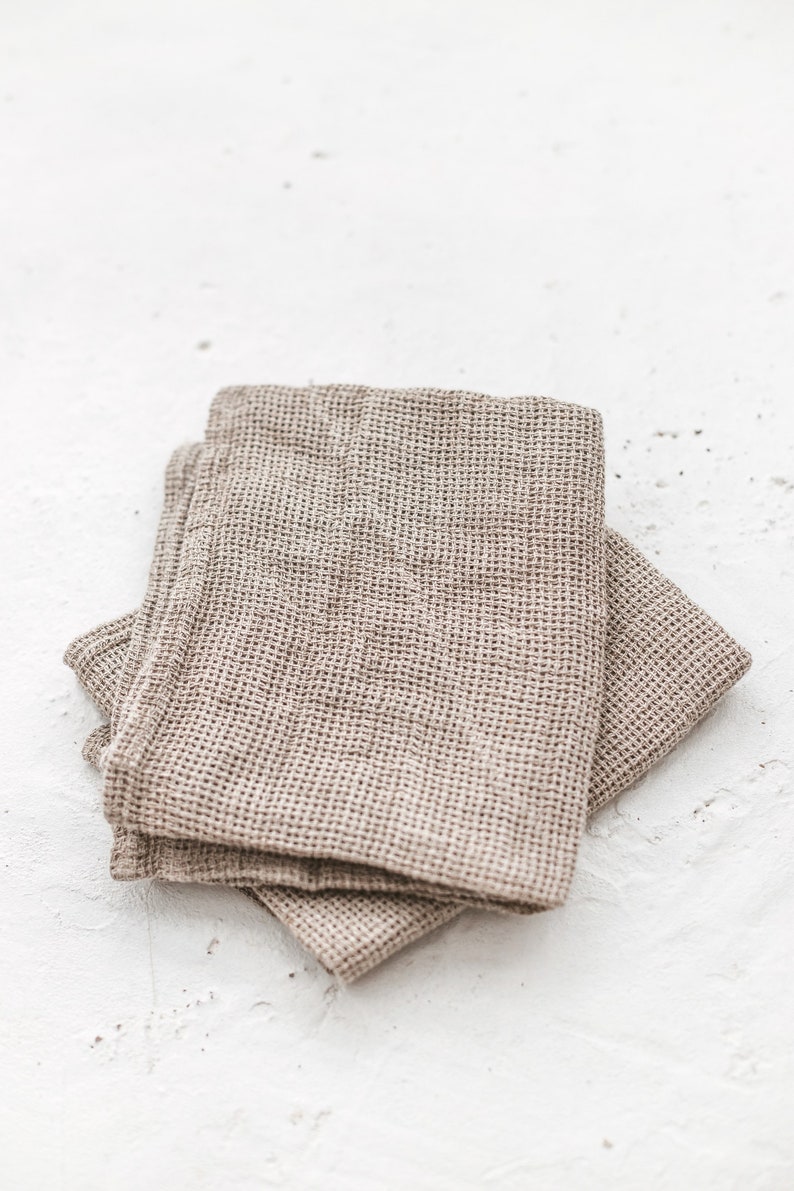 Set of natural linen waffle tea towels for kitchen. Organic open weave linen dish cloths for farmhouse. Soft hand towels as new home gift image 8