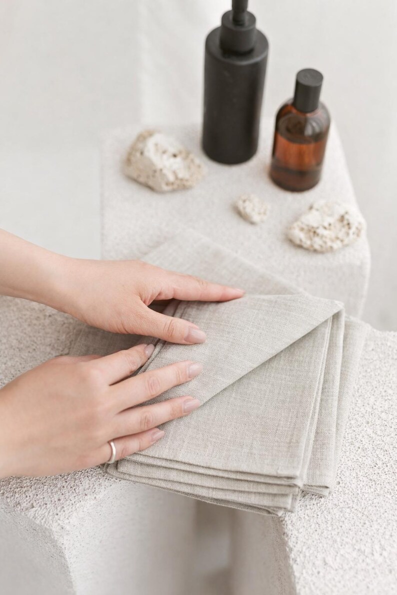 Waffle linen reusable face towel set. Open weave eco friendly, organic makeup remover cloths. Natural washcloth, quick absorbent, dry image 12