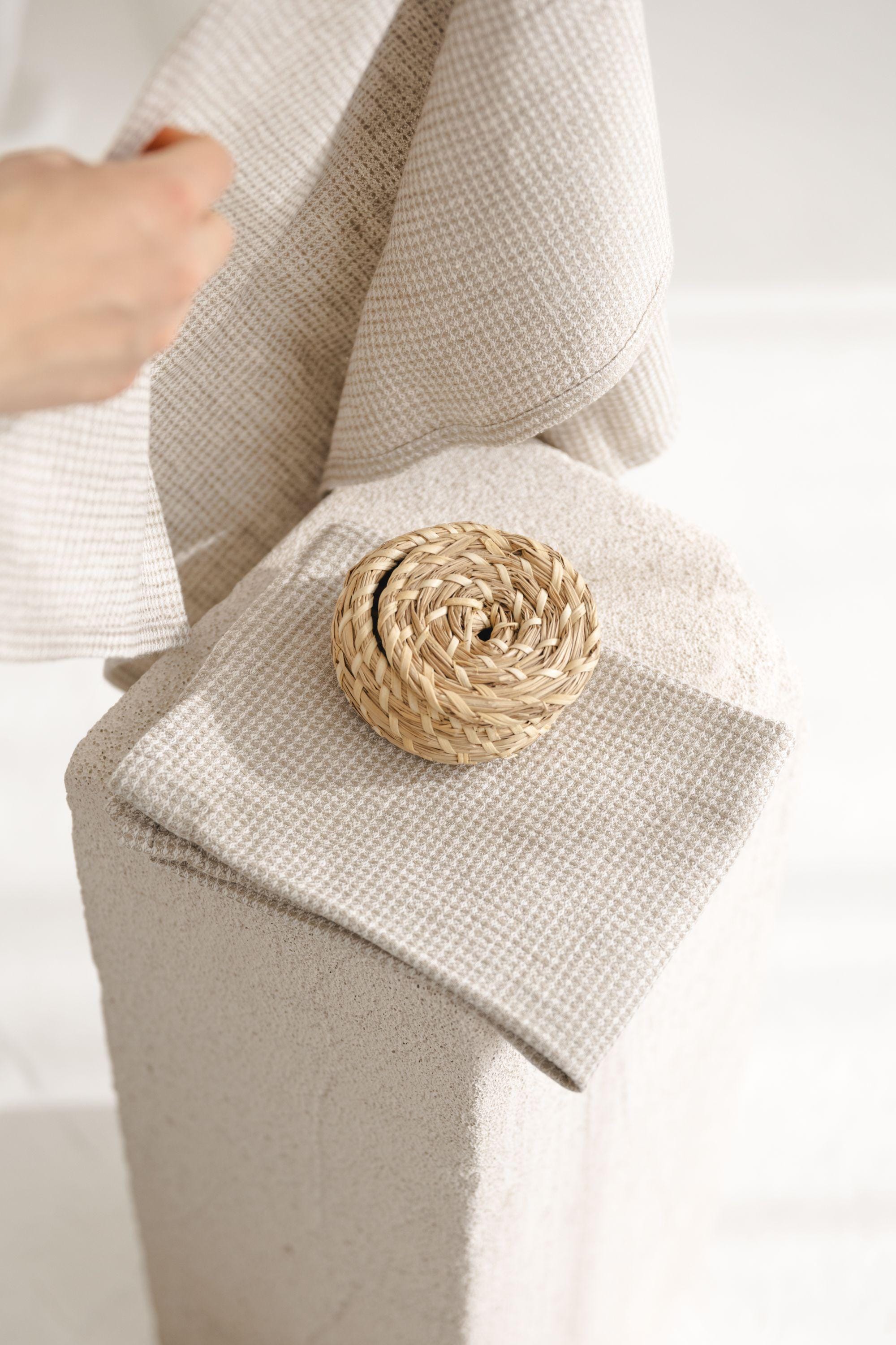 Beige waffle linen bath hand towels. Organic hand towel set. Soft linen bath sheet for beach, travel, sauna, gym, pool. Various sizes