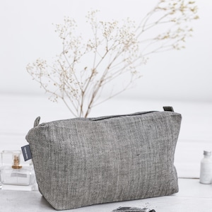 White Linen Large Makeup Bag for Travel, Gym. Large Toiletry Bag with Zipper for Women and Men Cosmetics. 3 Colors, Washable Bag Black