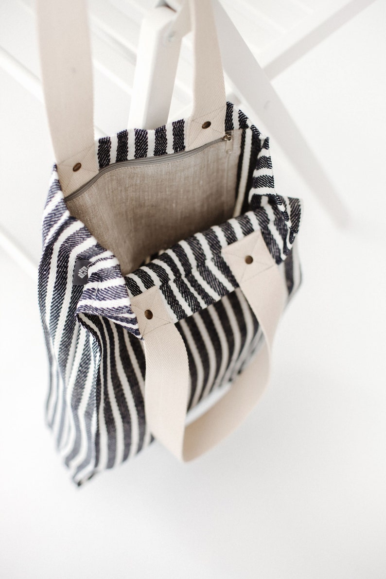 Large striped linen market tote bag for grocery, shopping. Reusable natural tote bag for beach, travel. Canvas bag for women, men pocket image 7