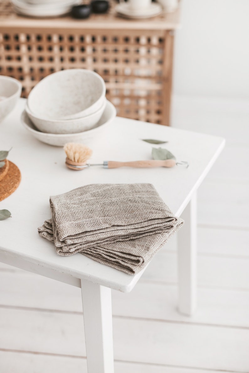 Set of natural linen waffle tea towels for kitchen. Organic open weave linen dish cloths for farmhouse. Soft hand towels as new home gift image 2