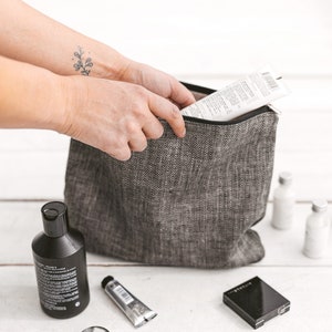 Black large linen zipper pouch for makeup, travel. Eco friendly beige toiletry bag. Canvas cosmetic bag for men, women. Gift wrap available