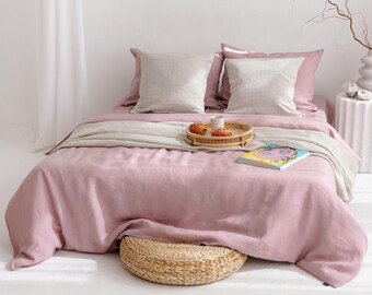 Pink natural linen sheet set 4P (fitted, flat, 2 pillowcases), 3P (fitted, 2 pillowcase) & 3P duvet cover bedding. Dusty rose hosting gift