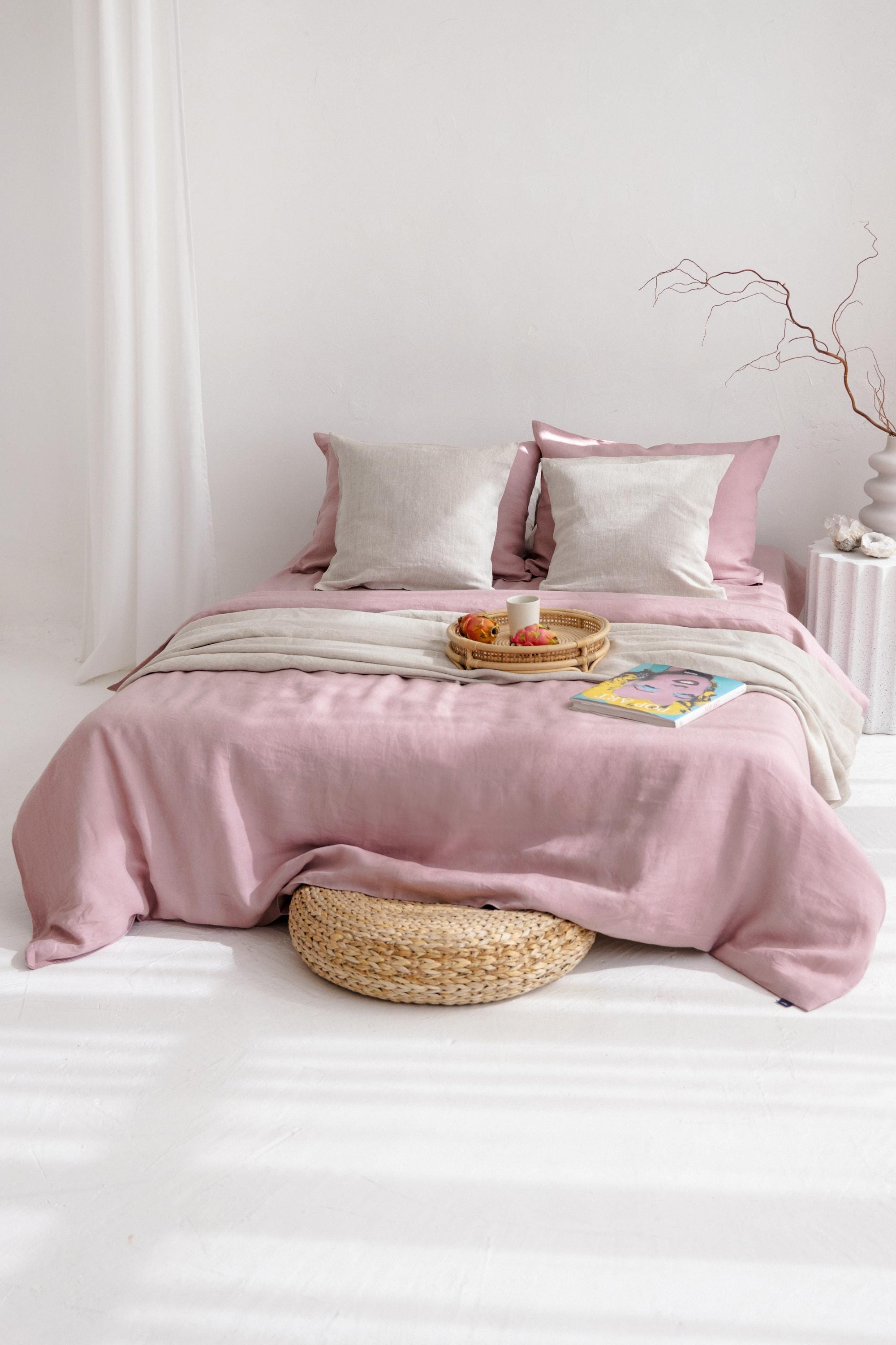 Pink Linen Simple Pink Natural Linen Sheet Set 4P (fitted, Flat, 2 Pillowcases), 3P ...