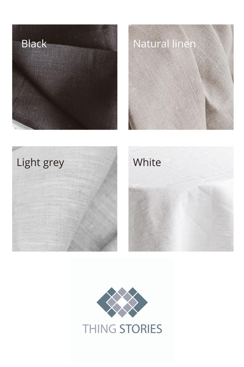 Explore Thing Stories' linen color selection: herringbone textures in white, grey, and black, along with plain white, soft light grey, warm natural linen, and deep black. Ideal for elegant table settings, sustainable home decor, and holiday accents. Timeless, modern, and beautifully crafted.