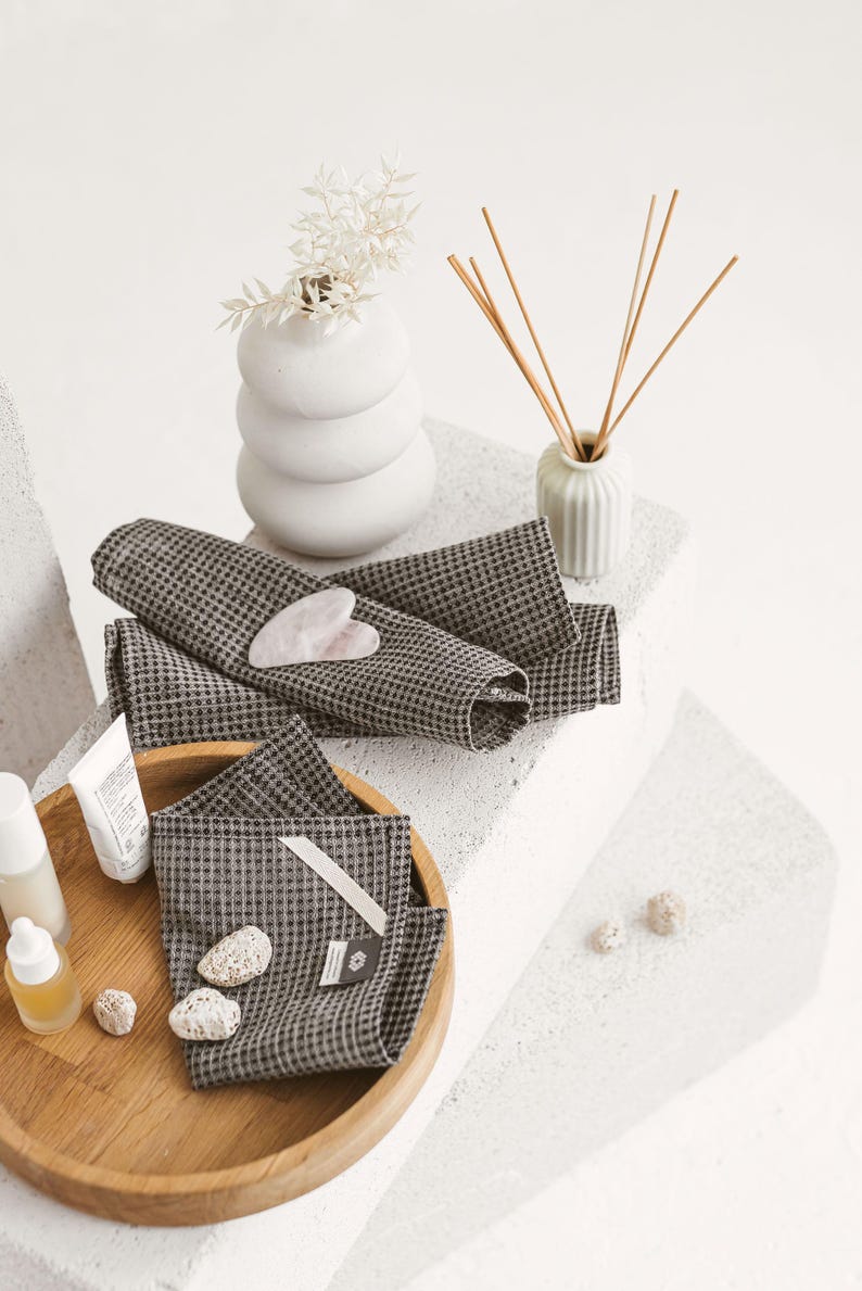 Waffle linen reusable face towel set. Open weave eco friendly, organic makeup remover cloths. Natural washcloth, quick absorbent, dry image 10
