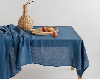 Blue natural linen tablecloth: Christmas, Thanksgiving, fall table decor. Rustic wedding large dining table cloth. Holiday host gift