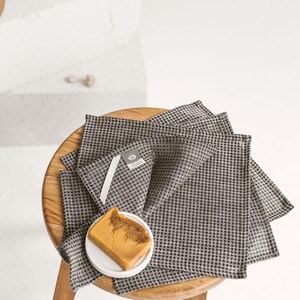 Waffle linen reusable face towel set. Open weave eco friendly, organic makeup remover cloths. Natural washcloth, quick absorbent, dry image 9