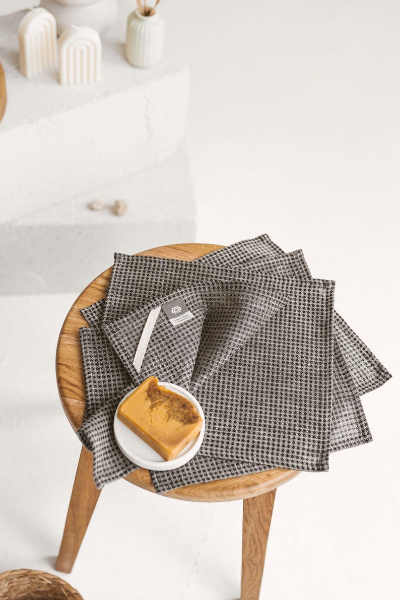 Waffle linen reusable face towel set. Open weave eco friendly, organic makeup remover cloths. Natural washcloth, quick absorbent, dry image 9