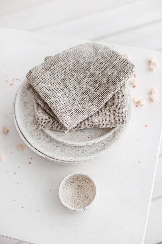 White Waffle Linen Tea Towel Set for Kitchen. Soft Natural Linen Dish Towels  for Farmhouse, Country Living. Quick Dry, Absorbent Dish Cloths 