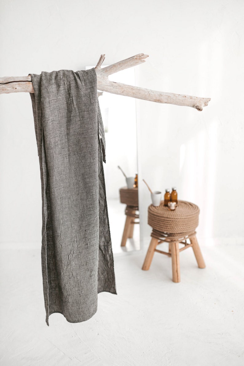 Natural linen black waffle bath towel. Large organic linen bath, hand, face towel set for travel, gym, sauna. Quick dry, absorbent towels image 8