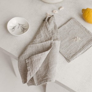 Natural linen waffle kitchen towel set. Organic tea towels, dishcloths for farmhouse, new home. Quick dry, absorbent hand towels, 3 patterns