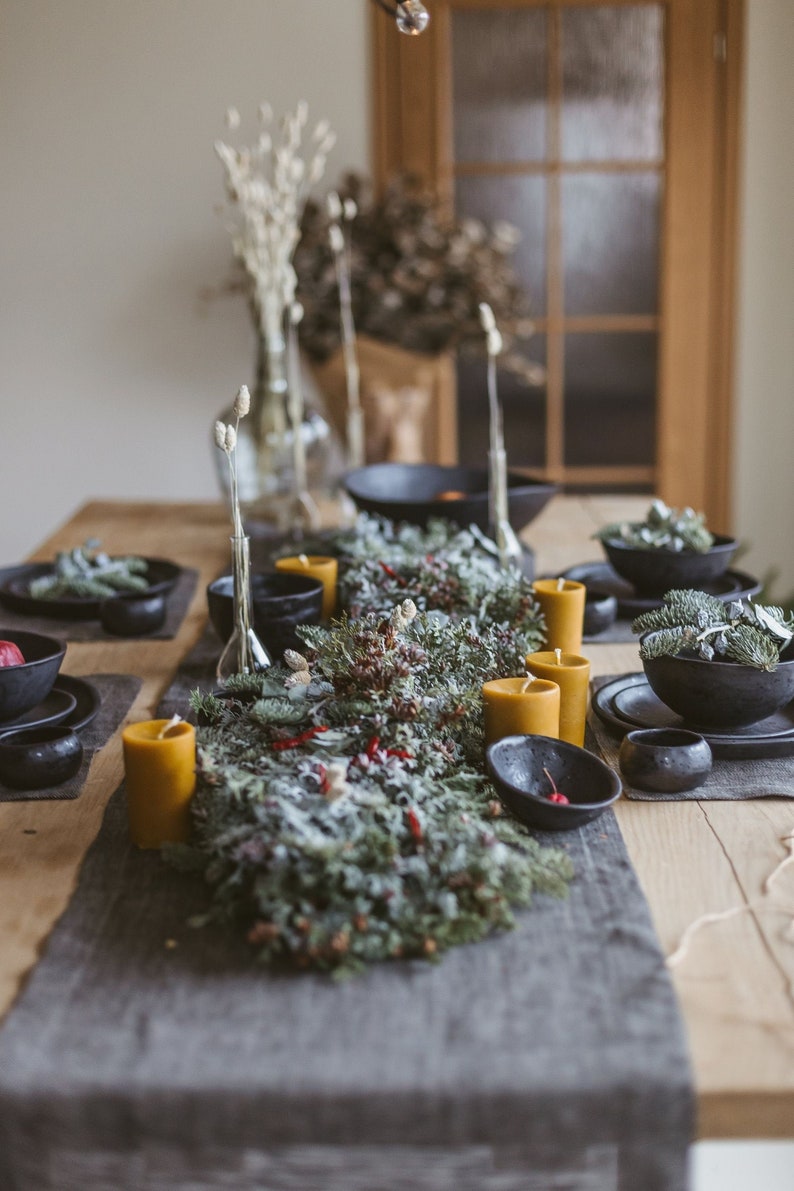 Grey linen Christmas table runner for rustic holiday. Natural linen table runner for farmhouse, wedding, new home gift. Various colors, size image 3