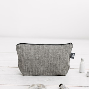 Large white linen makeup bag. Eco friendly cosmetic bag with zipper for toiletries. Organic travel pouch for women, men. 2 pockets, 3 colors Black