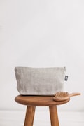 Large white linen makeup bag. Eco friendly cosmetic bag with zipper for toiletries. Organic travel pouch for women, men. 2 pockets, 3 colors product logo