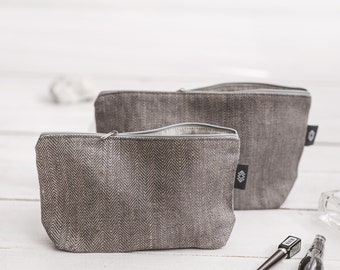 Set of 2 grey large cosmetic bag for travel toiletry. Natural linen eco friendly makeup bag for women, men gift. Canvas bag. 3 colors