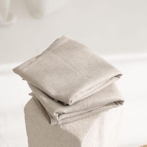 Large beige linen waffle bath towel. Organic natural towels for bathroom, SPA, sauna, beach. Eco friendly bath sheet for travel, yoga, gym