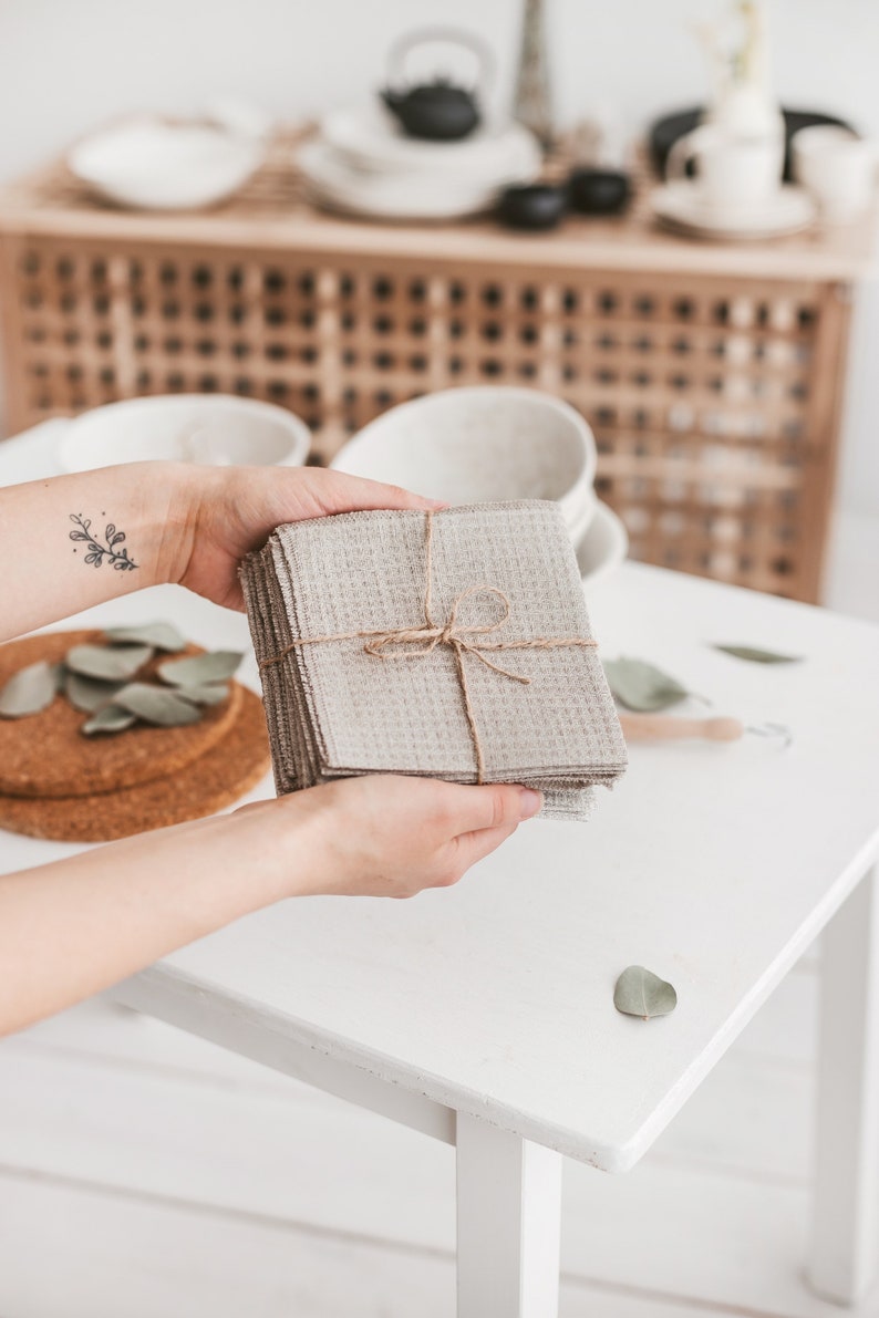 Natural linen waffle tea towel set for kitchen. Organic guest hand towels set for farmhouse. Dish cloths, washcloths quick dry, absorbent... image 8