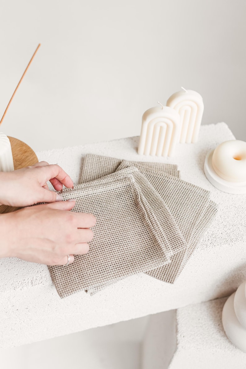Waffle linen reusable face towel set. Open weave eco friendly, organic makeup remover cloths. Natural washcloth, quick absorbent, dry Open Weave Waffle