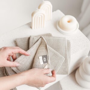 Waffle linen reusable face towel set. Open weave eco friendly, organic makeup remover cloths. Natural washcloth, quick absorbent, dry image 2